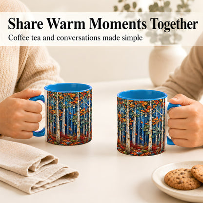 #pl[11oz|Blue] Luminous Birch Forest Coffee Mug, Autumn Mosaic Mug, Ceramic Cup