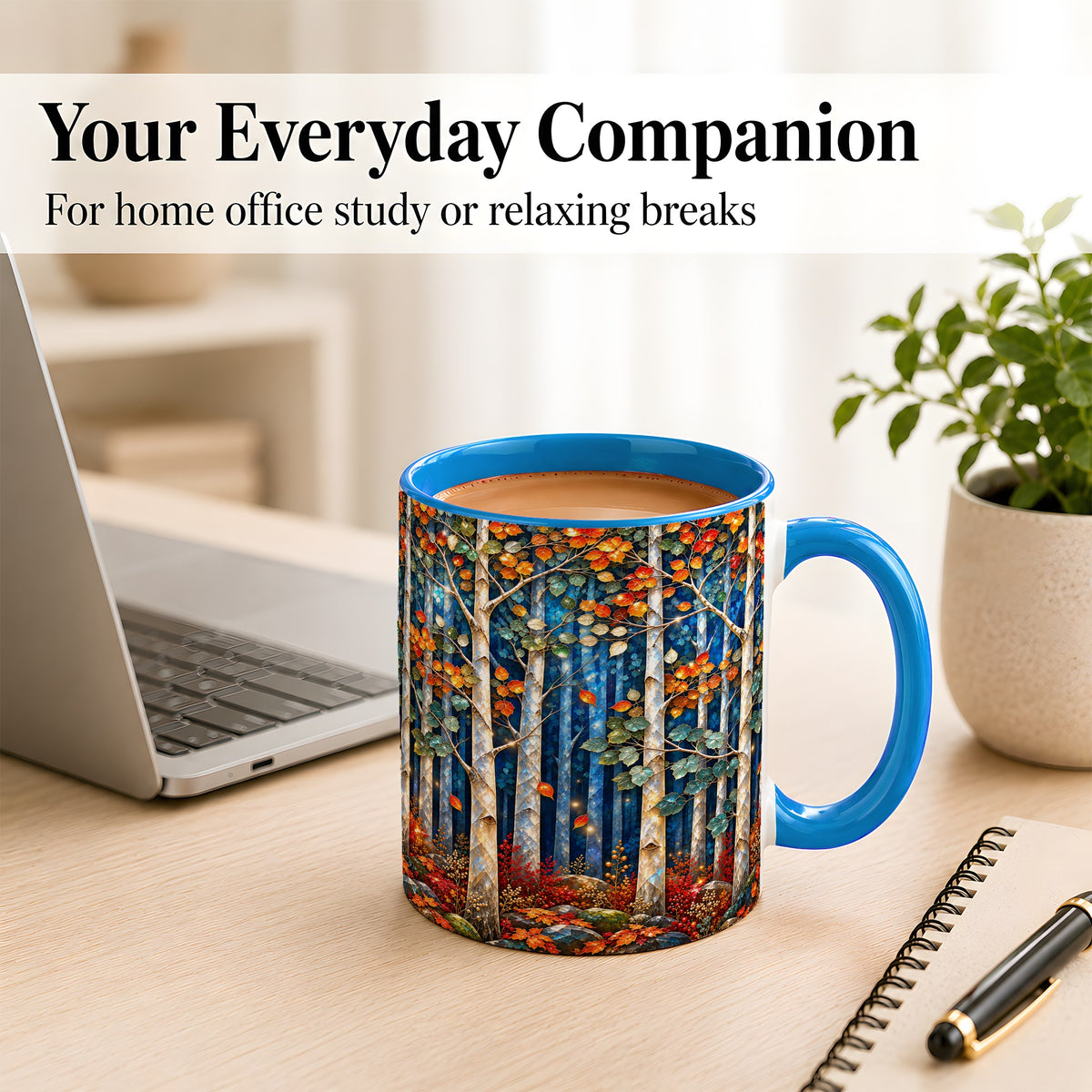 #pl[11oz|Blue] Luminous Birch Forest Coffee Mug, Autumn Mosaic Mug, Ceramic Cup