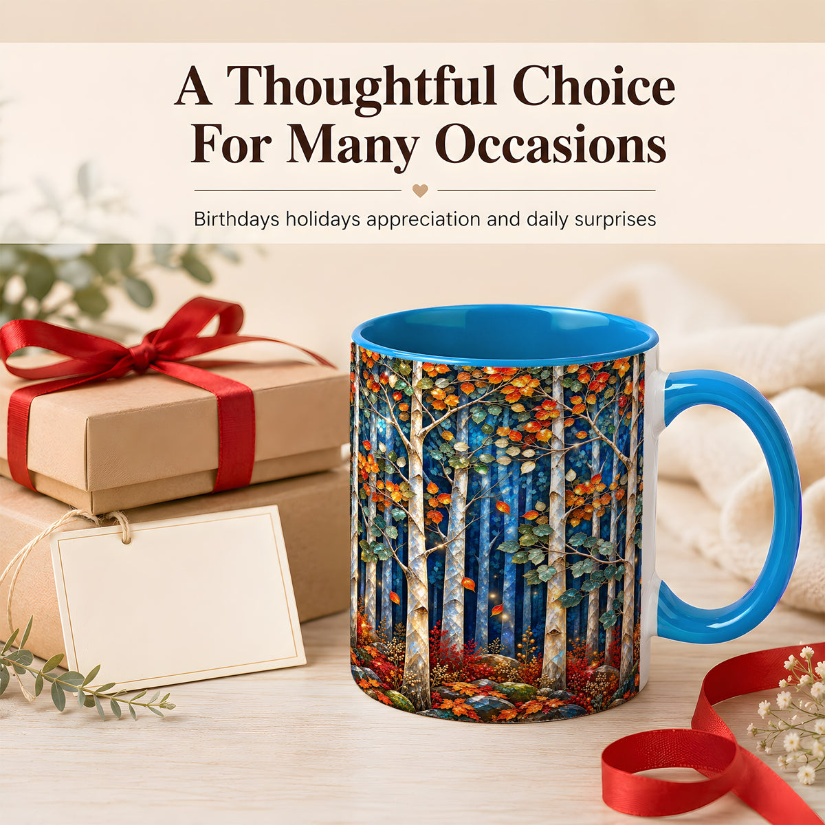 #pl[11oz|Blue] Luminous Birch Forest Coffee Mug, Autumn Mosaic Mug, Ceramic Cup
