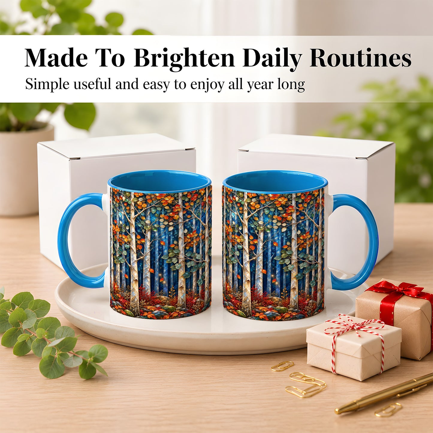 #pl[11oz|Blue] Luminous Birch Forest Coffee Mug, Autumn Mosaic Mug, Ceramic Cup