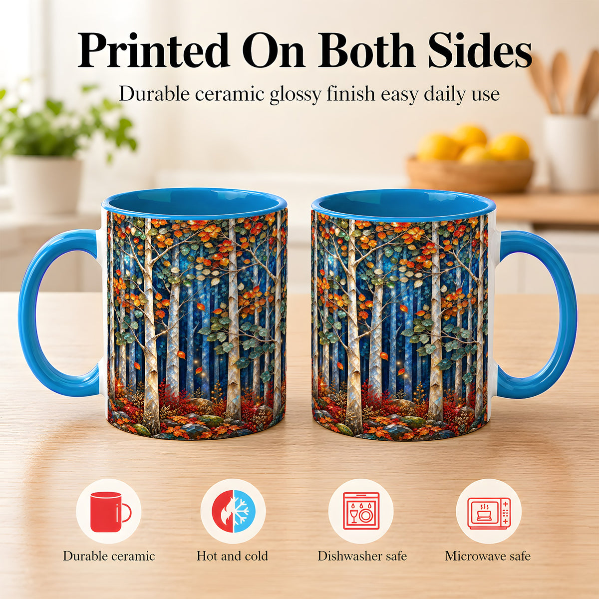 #pl[11oz|Blue] Luminous Birch Forest Coffee Mug, Autumn Mosaic Mug, Ceramic Cup