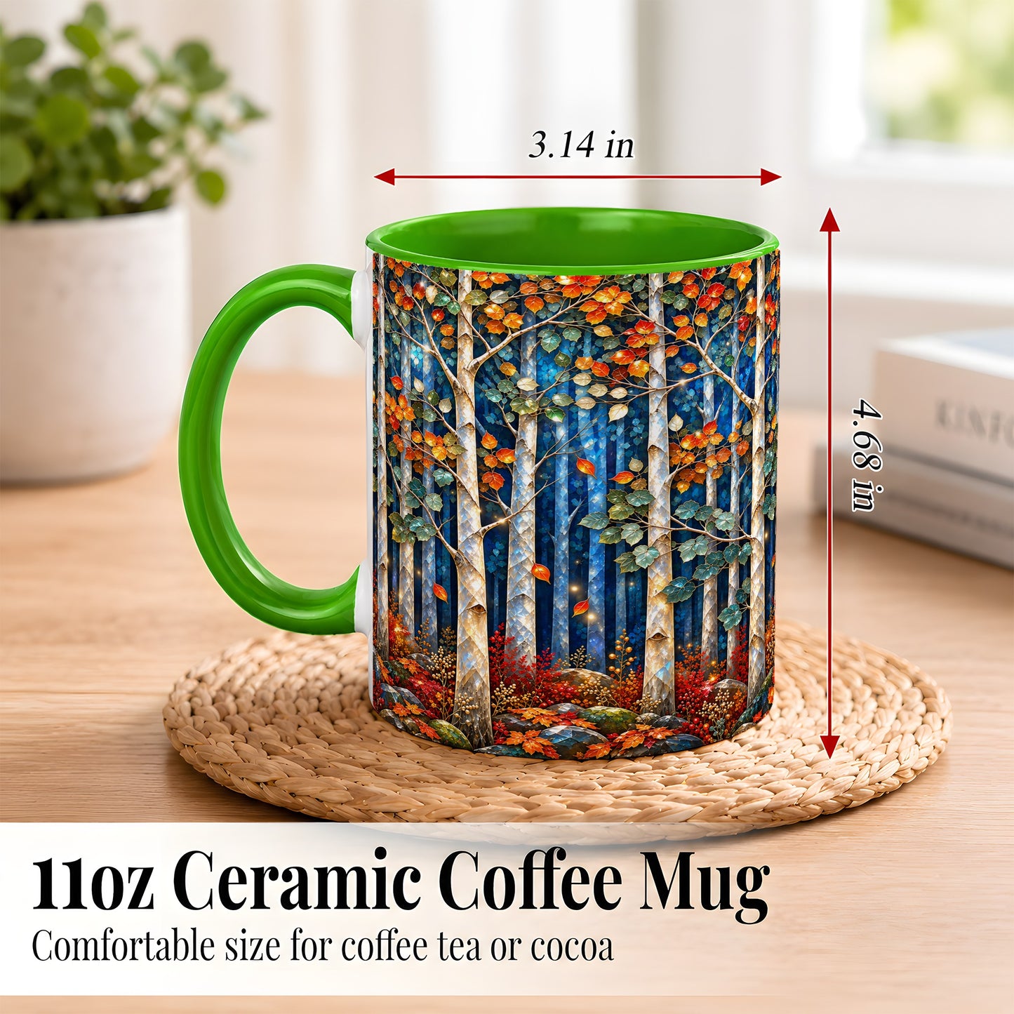 #pl[11oz|Green] Luminous Birch Forest Coffee Mug, Autumn Mosaic Mug, Ceramic Cup