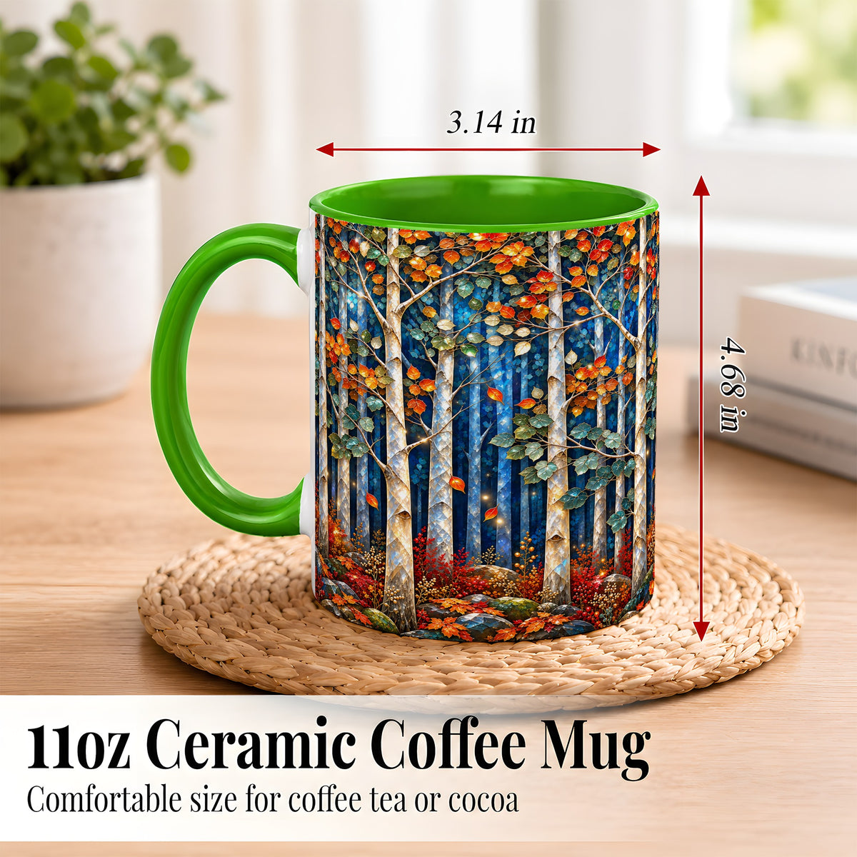 #pl[11oz|Green] Luminous Birch Forest Coffee Mug, Autumn Mosaic Mug, Ceramic Cup