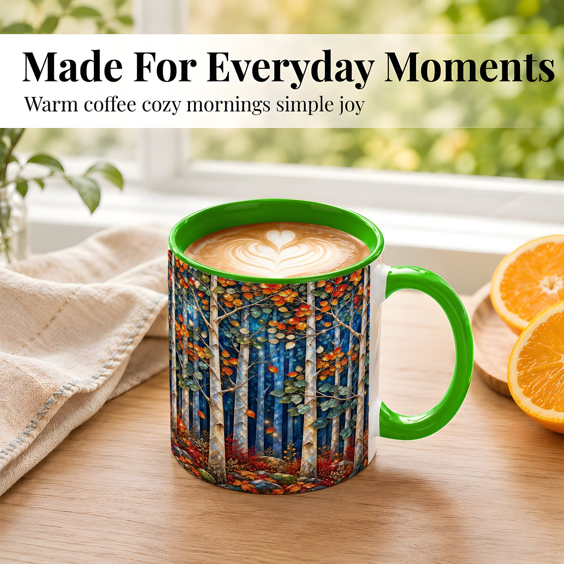 #pl[11oz|Green] Luminous Birch Forest Coffee Mug, Autumn Mosaic Mug, Ceramic Cup