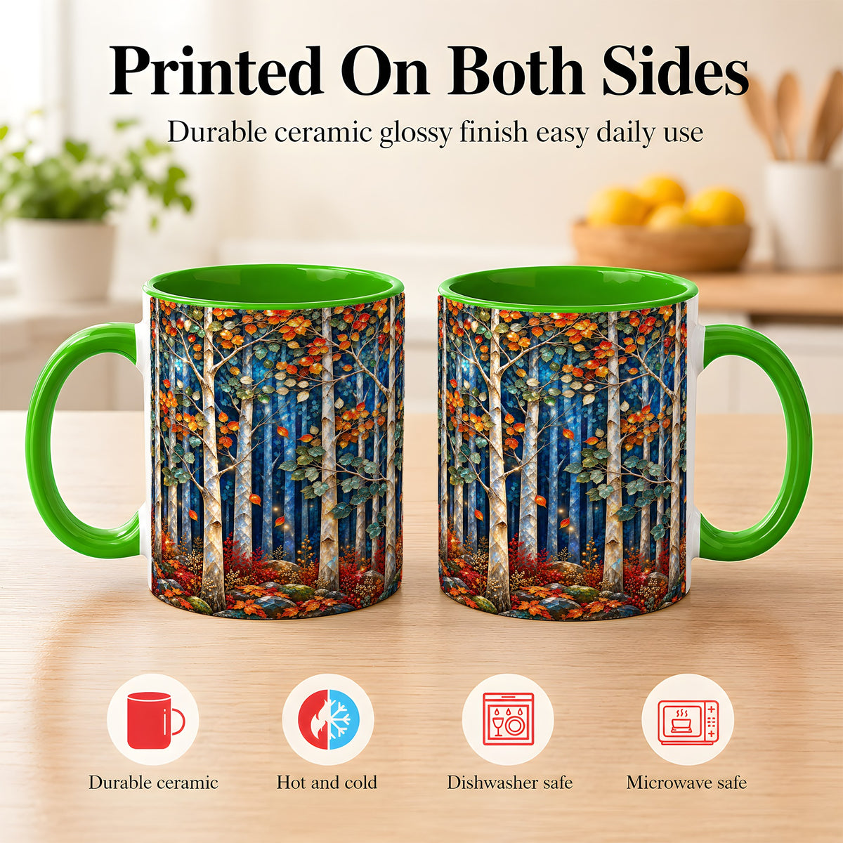 #pl[11oz|Green] Luminous Birch Forest Coffee Mug, Autumn Mosaic Mug, Ceramic Cup