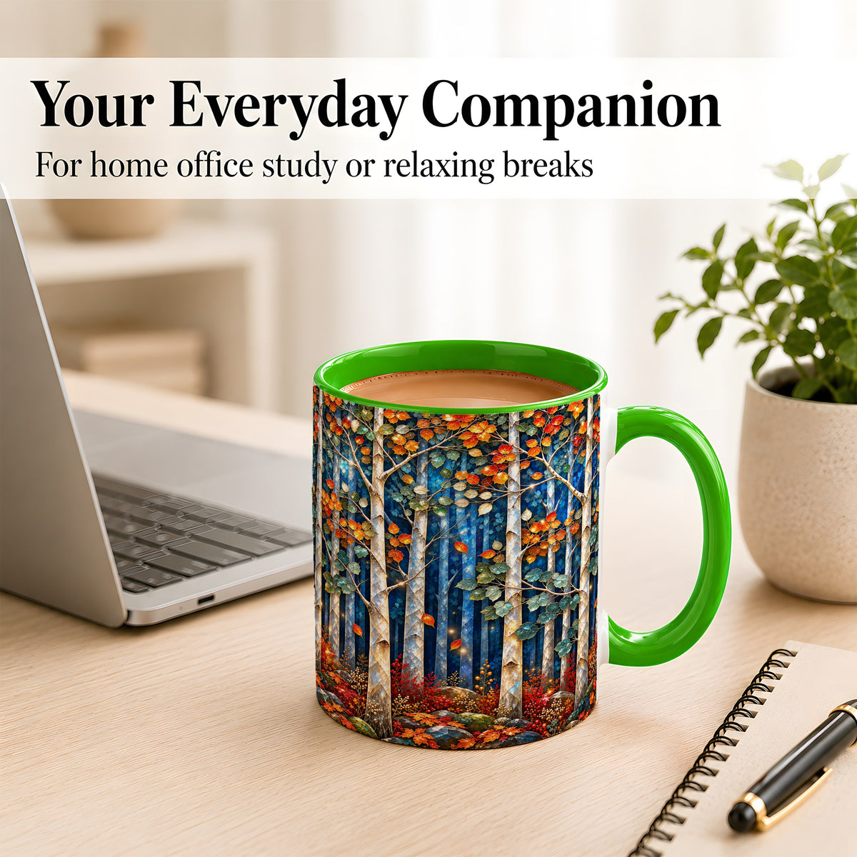 #pl[11oz|Green] Luminous Birch Forest Coffee Mug, Autumn Mosaic Mug, Ceramic Cup