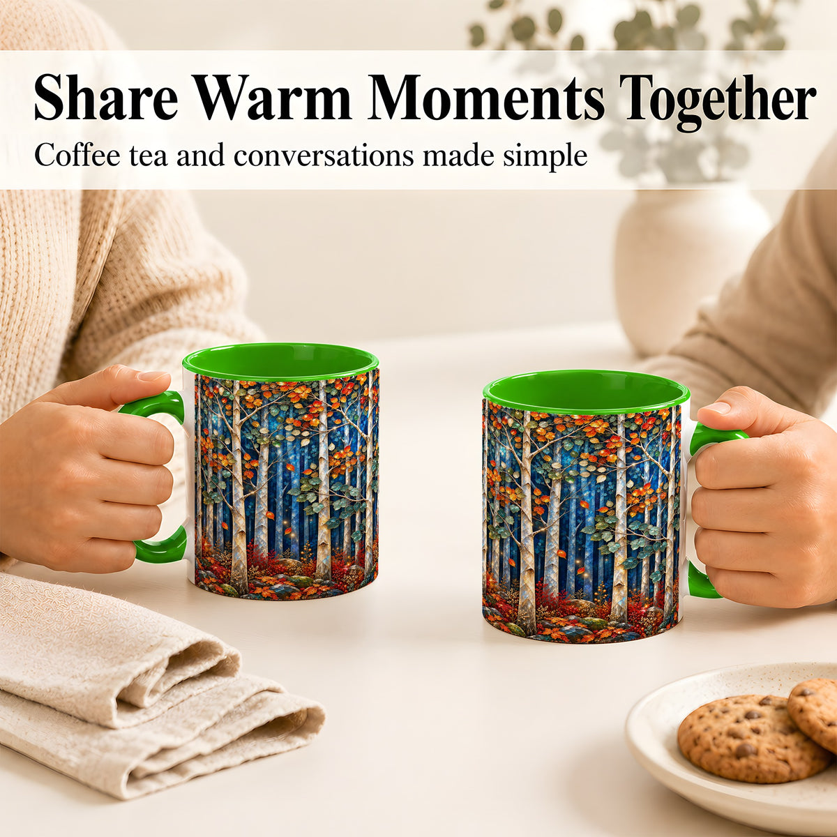 #pl[11oz|Green] Luminous Birch Forest Coffee Mug, Autumn Mosaic Mug, Ceramic Cup