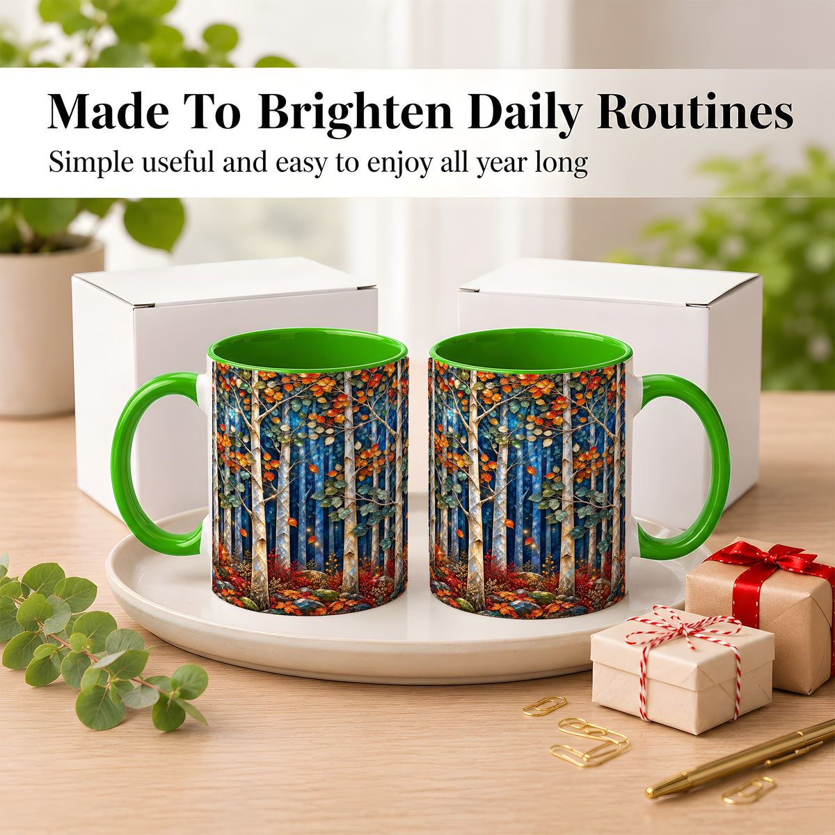 #pl[11oz|Green] Luminous Birch Forest Coffee Mug, Autumn Mosaic Mug, Ceramic Cup