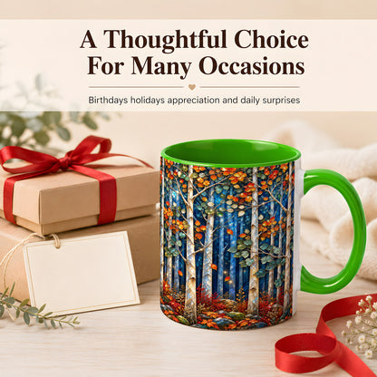 #pl[11oz|Green] Luminous Birch Forest Coffee Mug, Autumn Mosaic Mug, Ceramic Cup