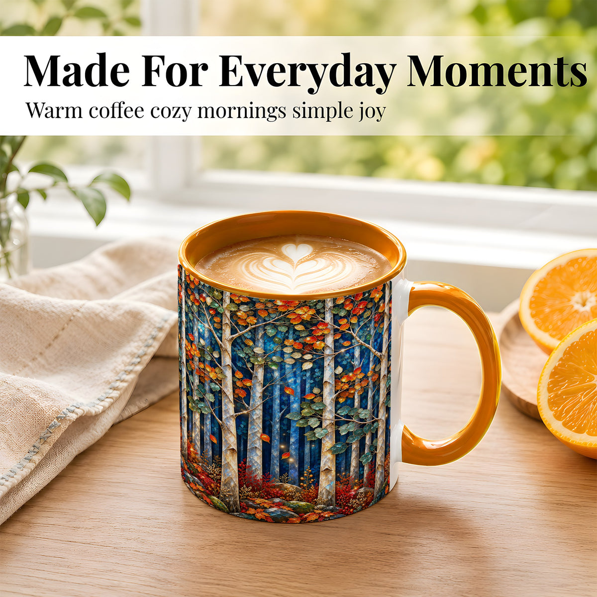 #pl[11oz|Orange] Luminous Birch Forest Coffee Mug, Autumn Mosaic Mug, Ceramic Cup