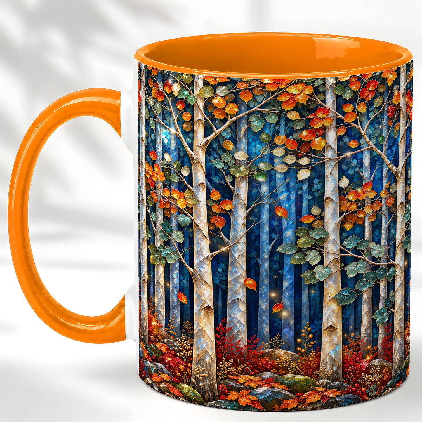 #pl[11oz|Orange] Luminous Birch Forest Coffee Mug, Autumn Mosaic Mug, Ceramic Cup