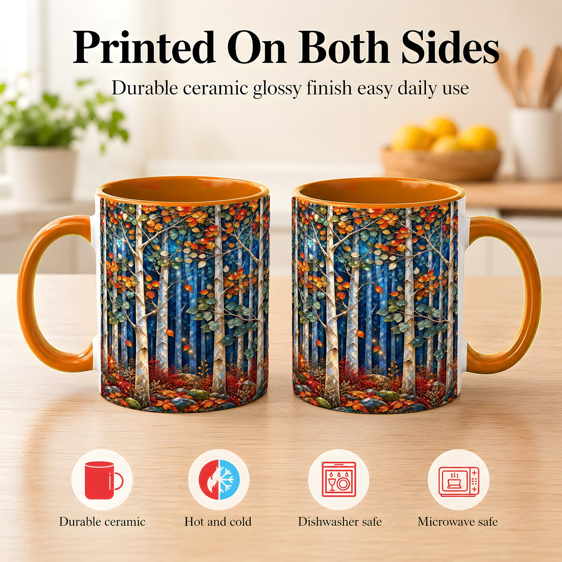 #pl[11oz|Orange] Luminous Birch Forest Coffee Mug, Autumn Mosaic Mug, Ceramic Cup