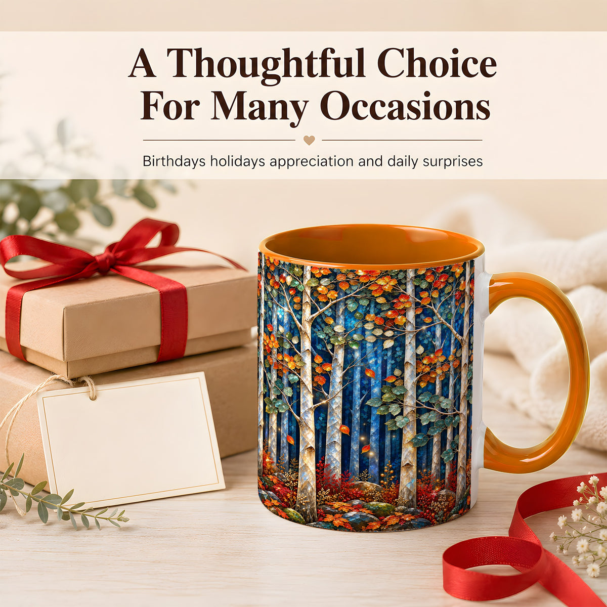 #pl[11oz|Orange] Luminous Birch Forest Coffee Mug, Autumn Mosaic Mug, Ceramic Cup