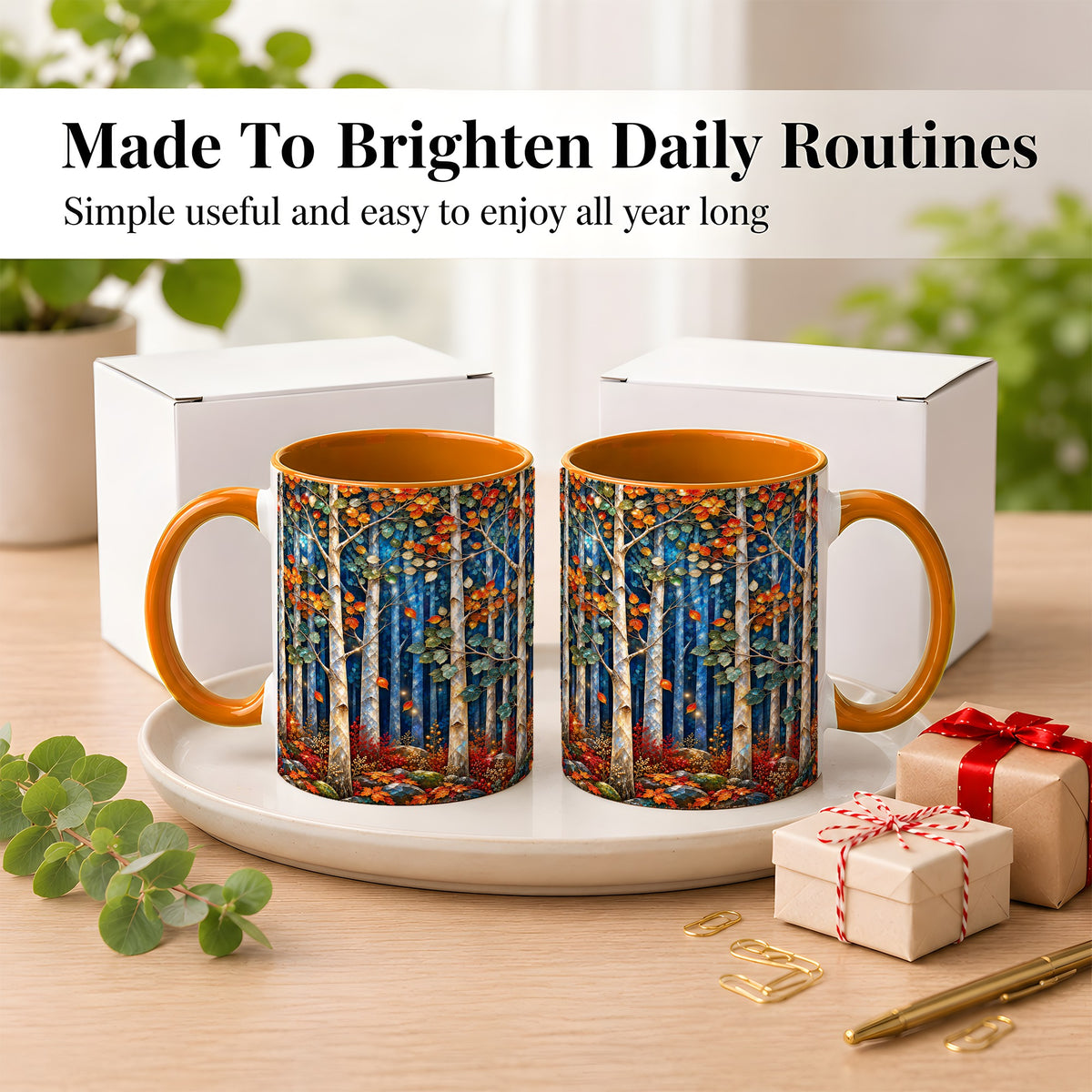 #pl[11oz|Orange] Luminous Birch Forest Coffee Mug, Autumn Mosaic Mug, Ceramic Cup