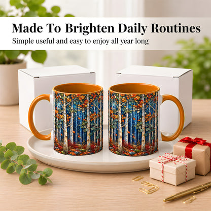 #pl[11oz|Orange] Luminous Birch Forest Coffee Mug, Autumn Mosaic Mug, Ceramic Cup