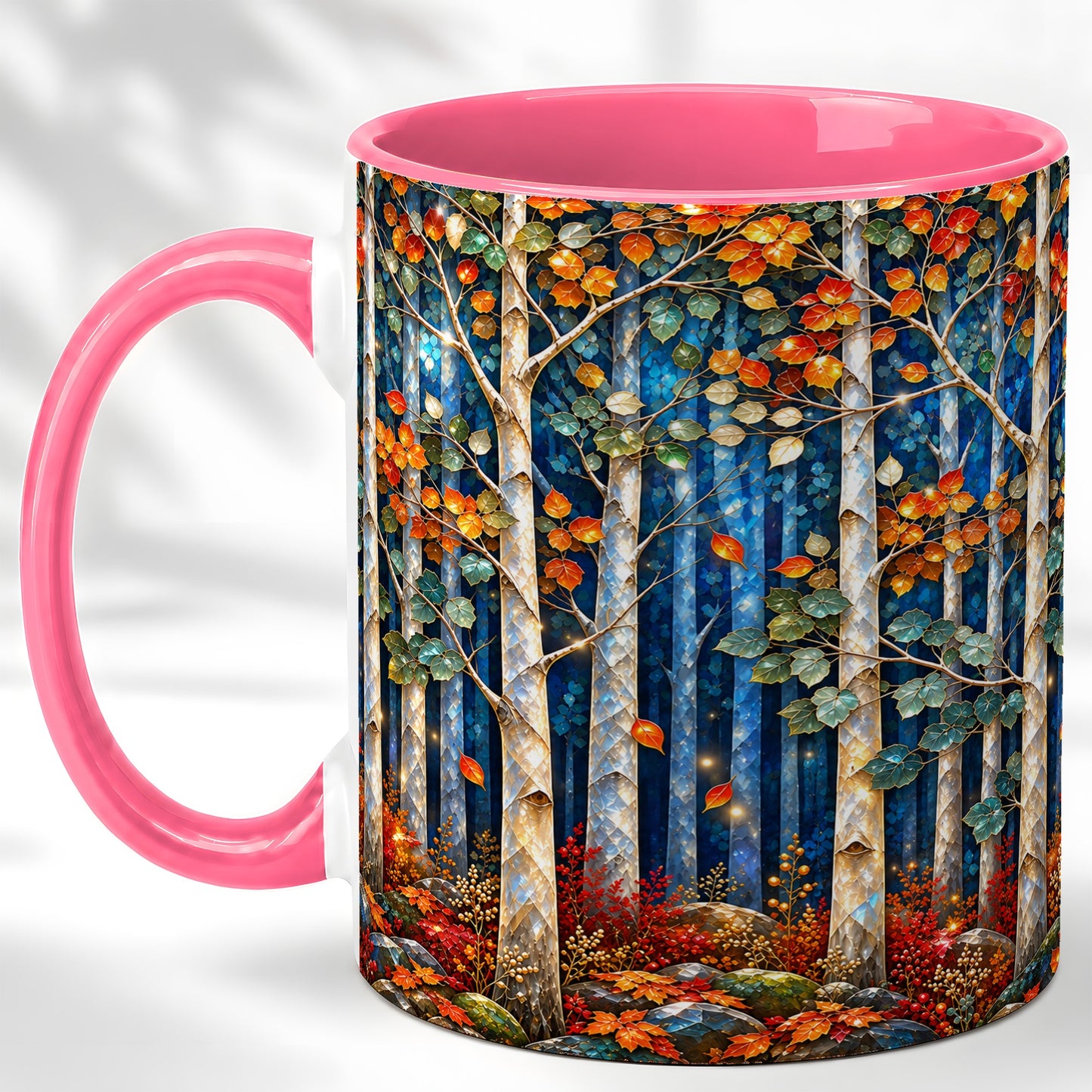 #pl[11oz|Pink] Luminous Birch Forest Coffee Mug, Autumn Mosaic Mug, Ceramic Cup