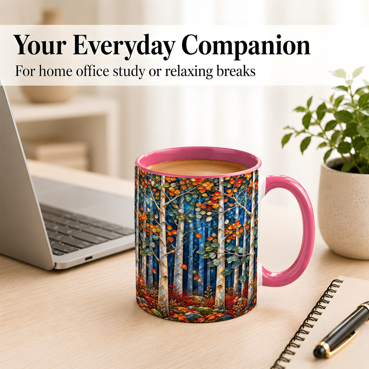 #pl[11oz|Pink] Luminous Birch Forest Coffee Mug, Autumn Mosaic Mug, Ceramic Cup