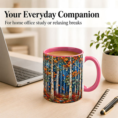 #pl[11oz|Pink] Luminous Birch Forest Coffee Mug, Autumn Mosaic Mug, Ceramic Cup