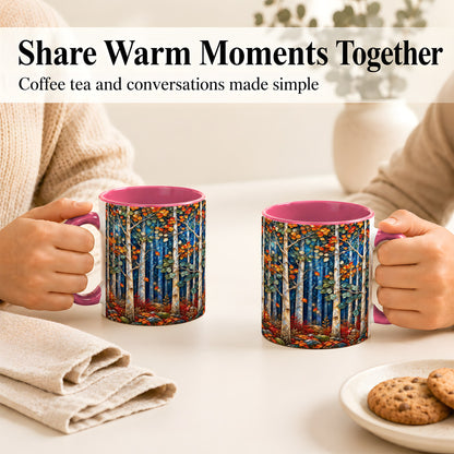 #pl[11oz|Pink] Luminous Birch Forest Coffee Mug, Autumn Mosaic Mug, Ceramic Cup
