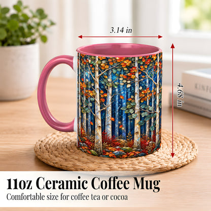 #pl[11oz|Pink] Luminous Birch Forest Coffee Mug, Autumn Mosaic Mug, Ceramic Cup