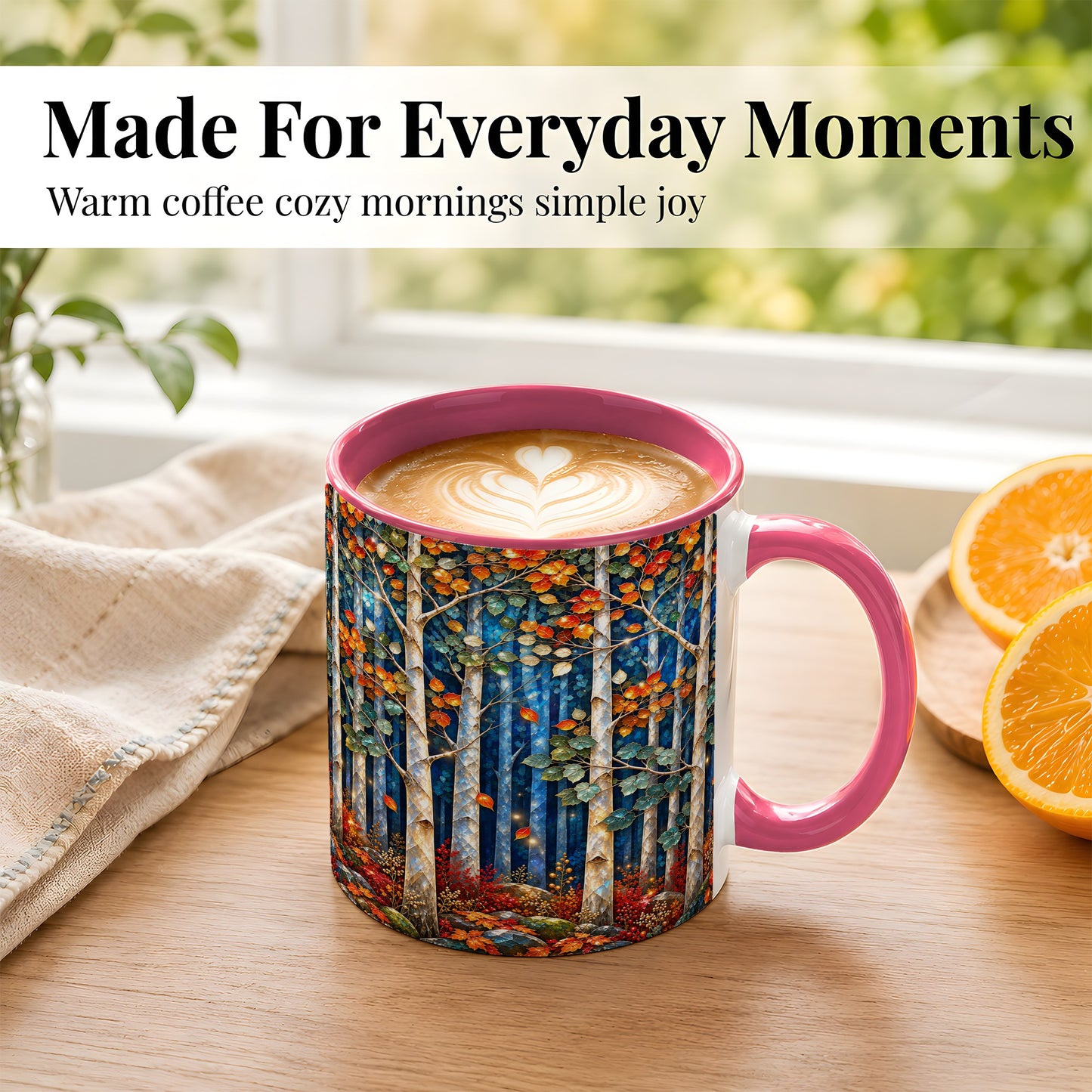 #pl[11oz|Pink] Luminous Birch Forest Coffee Mug, Autumn Mosaic Mug, Ceramic Cup