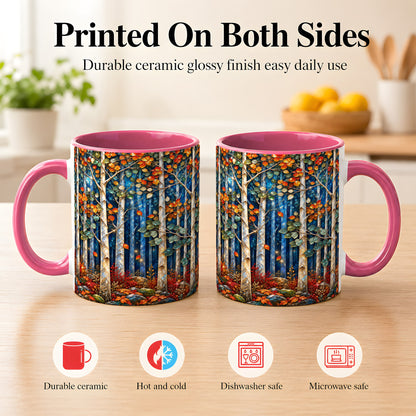 #pl[11oz|Pink] Luminous Birch Forest Coffee Mug, Autumn Mosaic Mug, Ceramic Cup