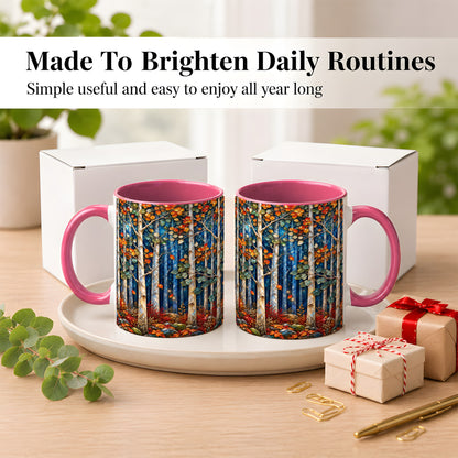 #pl[11oz|Pink] Luminous Birch Forest Coffee Mug, Autumn Mosaic Mug, Ceramic Cup