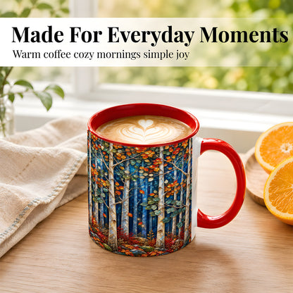 #pl[11oz|Red] Luminous Birch Forest Coffee Mug, Autumn Mosaic Mug, Ceramic Cup