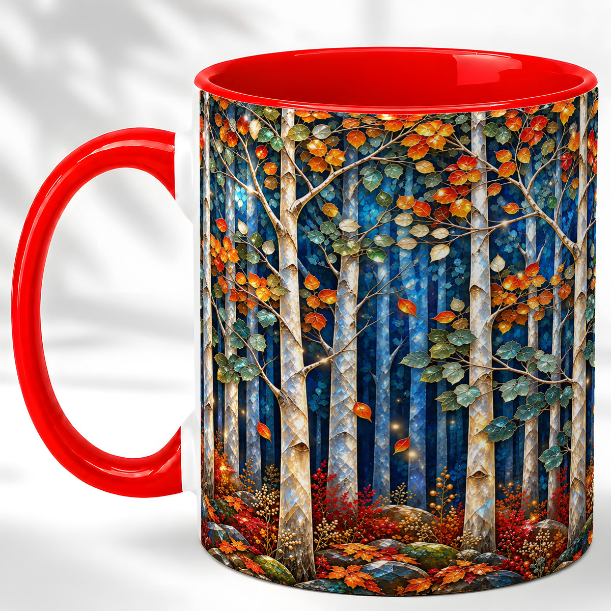 Luminous Birch Forest Coffee Mug, Autumn Mosaic Mug, Ceramic Cup