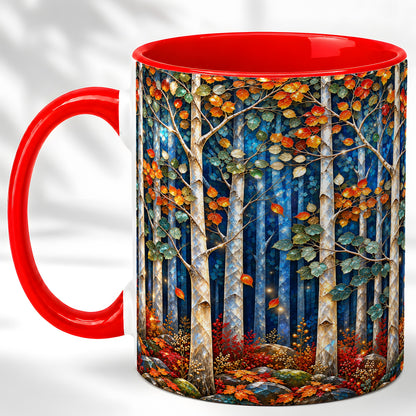 Luminous Birch Forest Coffee Mug, Autumn Mosaic Mug, Ceramic Cup