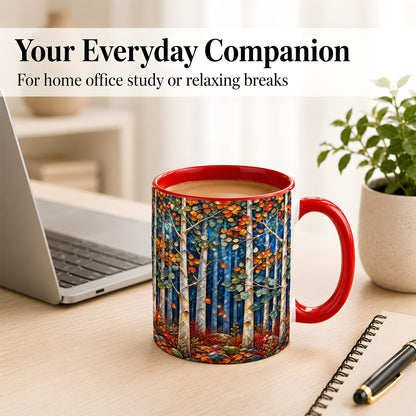 #pl[11oz|Red] Luminous Birch Forest Coffee Mug, Autumn Mosaic Mug, Ceramic Cup