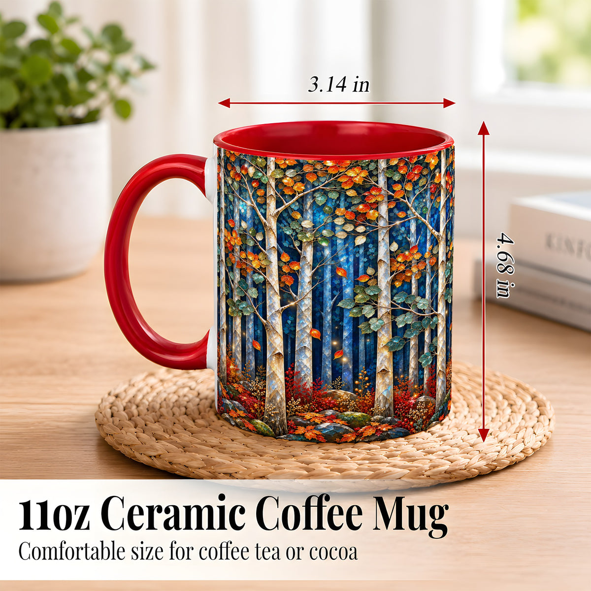 #pl[11oz|Red] Luminous Birch Forest Coffee Mug, Autumn Mosaic Mug, Ceramic Cup