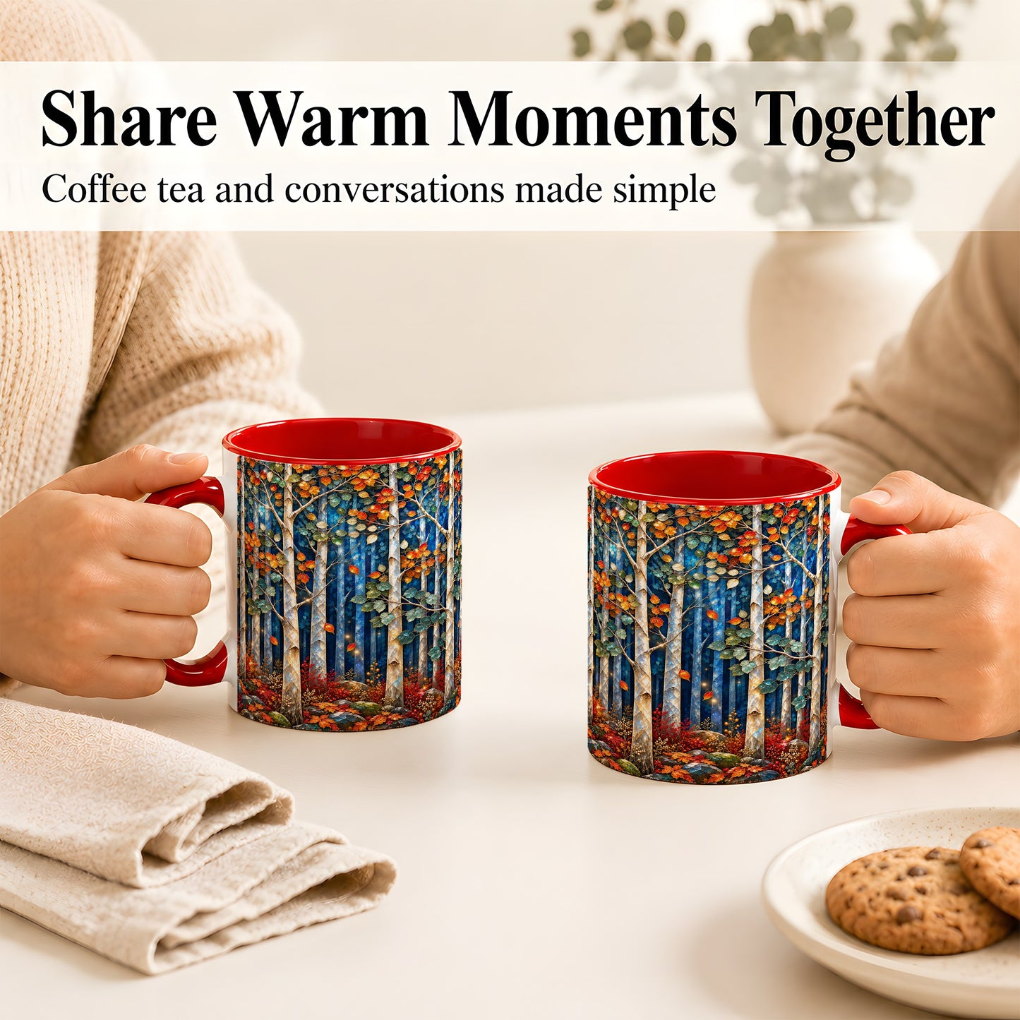#pl[11oz|Red] Luminous Birch Forest Coffee Mug, Autumn Mosaic Mug, Ceramic Cup