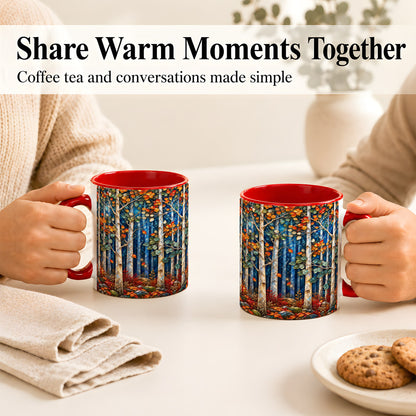#pl[11oz|Red] Luminous Birch Forest Coffee Mug, Autumn Mosaic Mug, Ceramic Cup