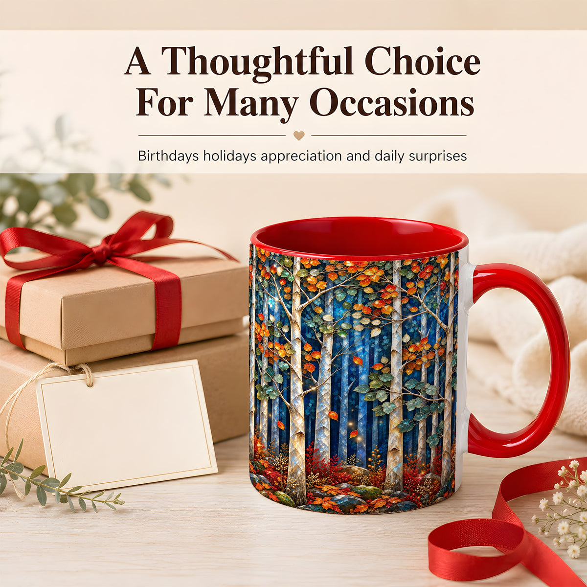 #pl[11oz|Red] Luminous Birch Forest Coffee Mug, Autumn Mosaic Mug, Ceramic Cup