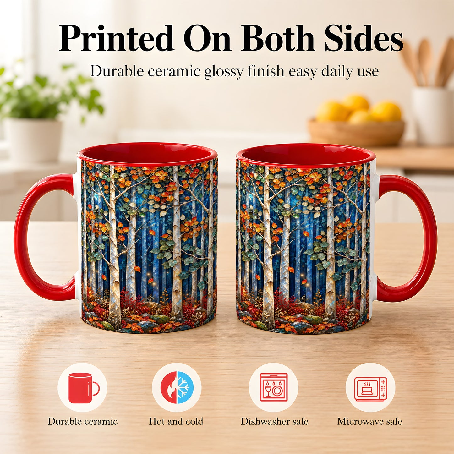 #pl[11oz|Red] Luminous Birch Forest Coffee Mug, Autumn Mosaic Mug, Ceramic Cup