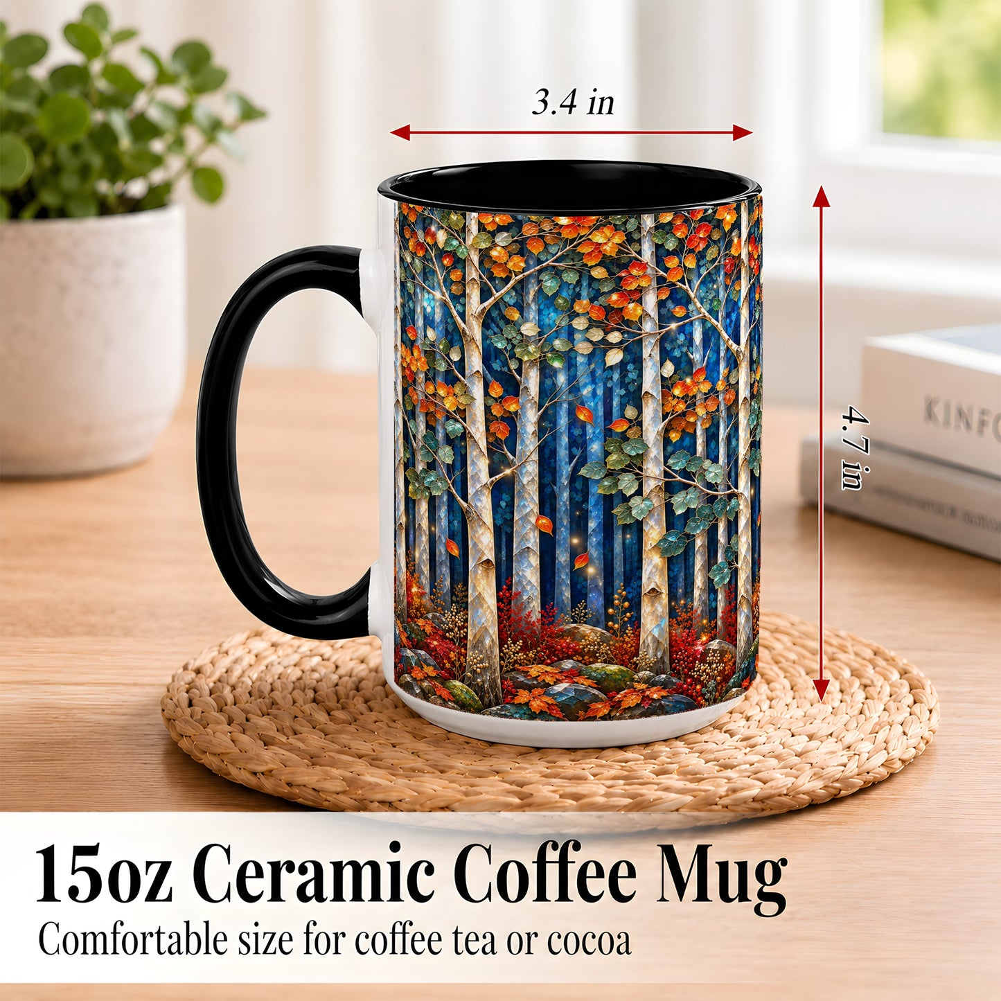 #pl[15oz|Black] Luminous Birch Forest Coffee Mug, Autumn Mosaic Mug, Ceramic Cup