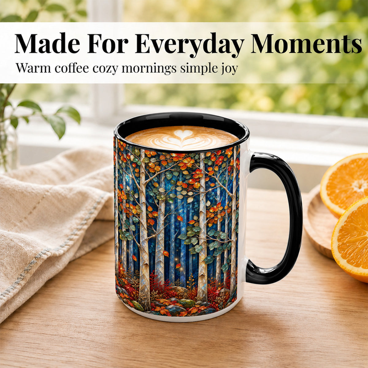 #pl[15oz|Black] Luminous Birch Forest Coffee Mug, Autumn Mosaic Mug, Ceramic Cup