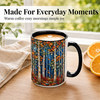 #pl[15oz|Black] Luminous Birch Forest Coffee Mug, Autumn Mosaic Mug, Ceramic Cup