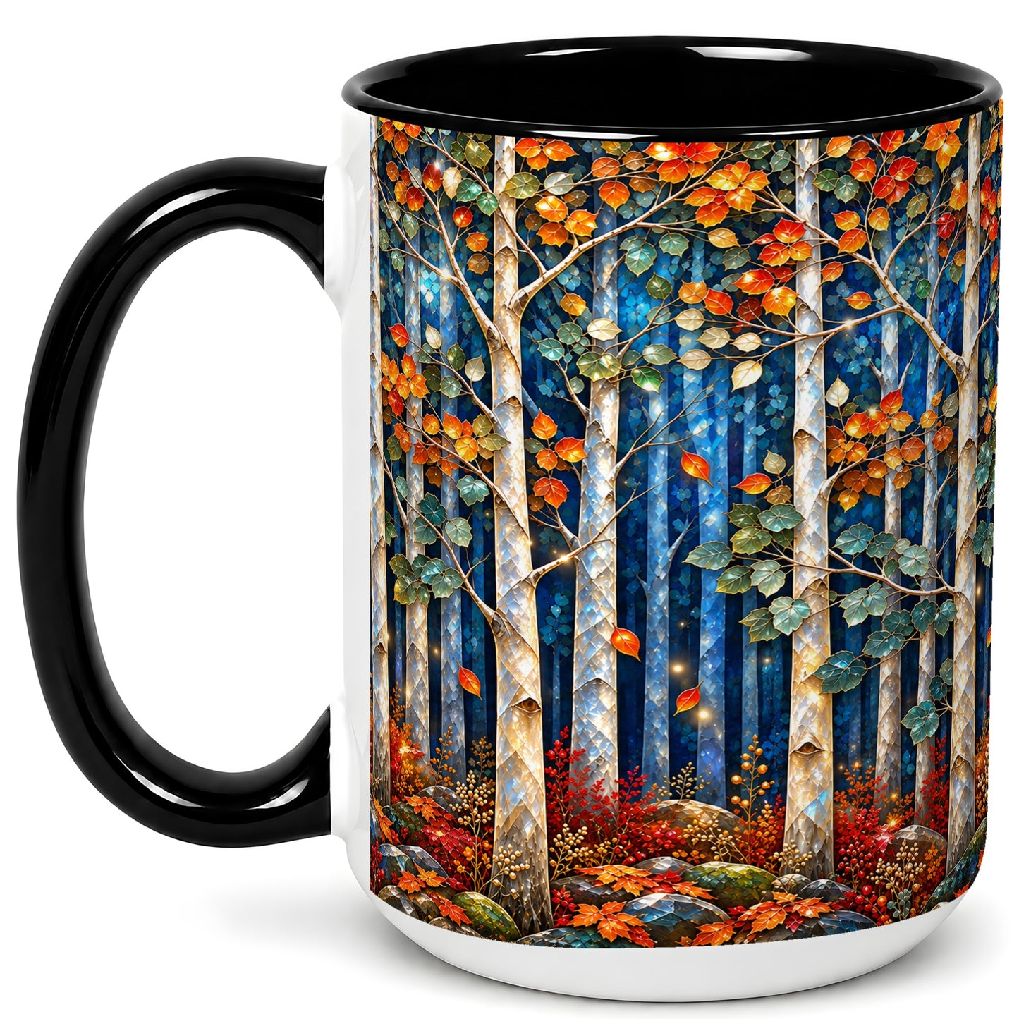 #pl[15oz|Black] Luminous Birch Forest Coffee Mug, Autumn Mosaic Mug, Ceramic Cup