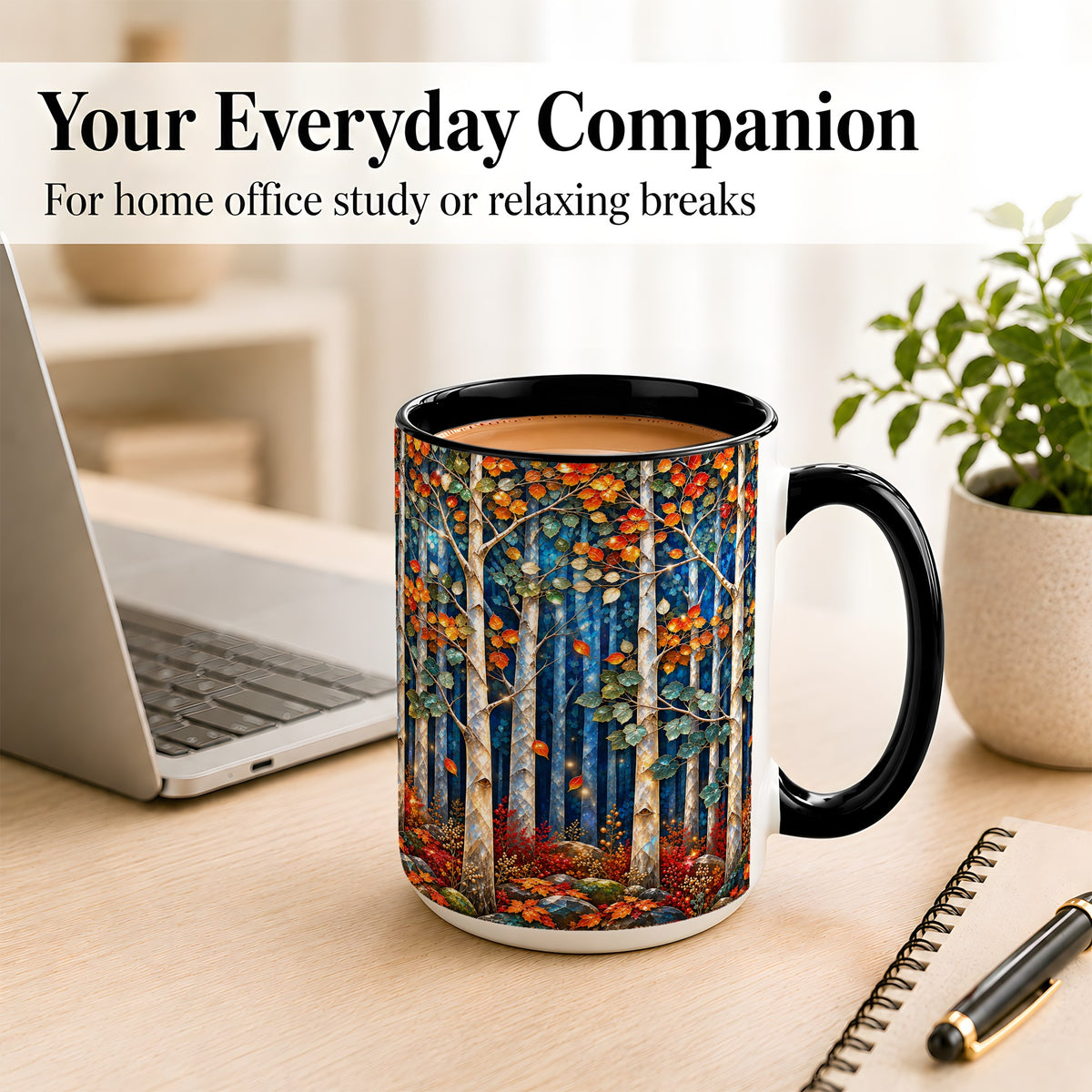 #pl[15oz|Black] Luminous Birch Forest Coffee Mug, Autumn Mosaic Mug, Ceramic Cup