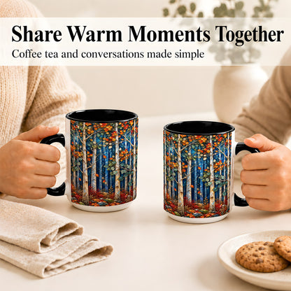 #pl[15oz|Black] Luminous Birch Forest Coffee Mug, Autumn Mosaic Mug, Ceramic Cup