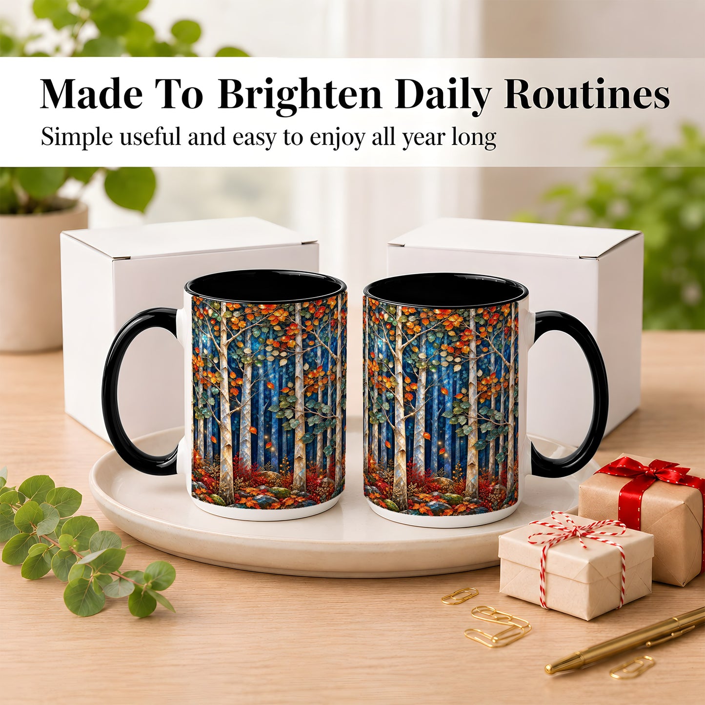 #pl[15oz|Black] Luminous Birch Forest Coffee Mug, Autumn Mosaic Mug, Ceramic Cup