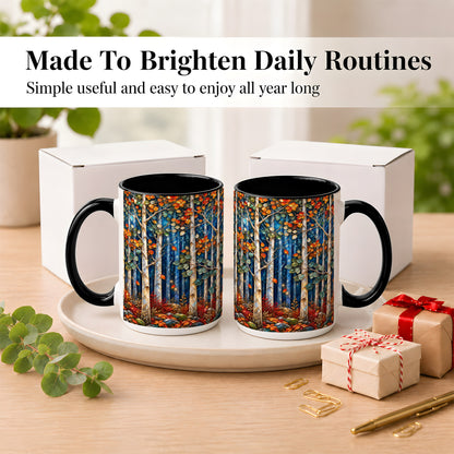#pl[15oz|Black] Luminous Birch Forest Coffee Mug, Autumn Mosaic Mug, Ceramic Cup