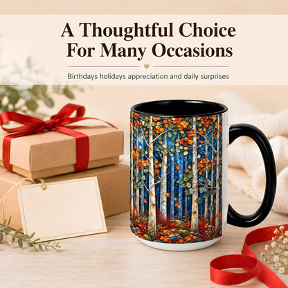 #pl[15oz|Black] Luminous Birch Forest Coffee Mug, Autumn Mosaic Mug, Ceramic Cup