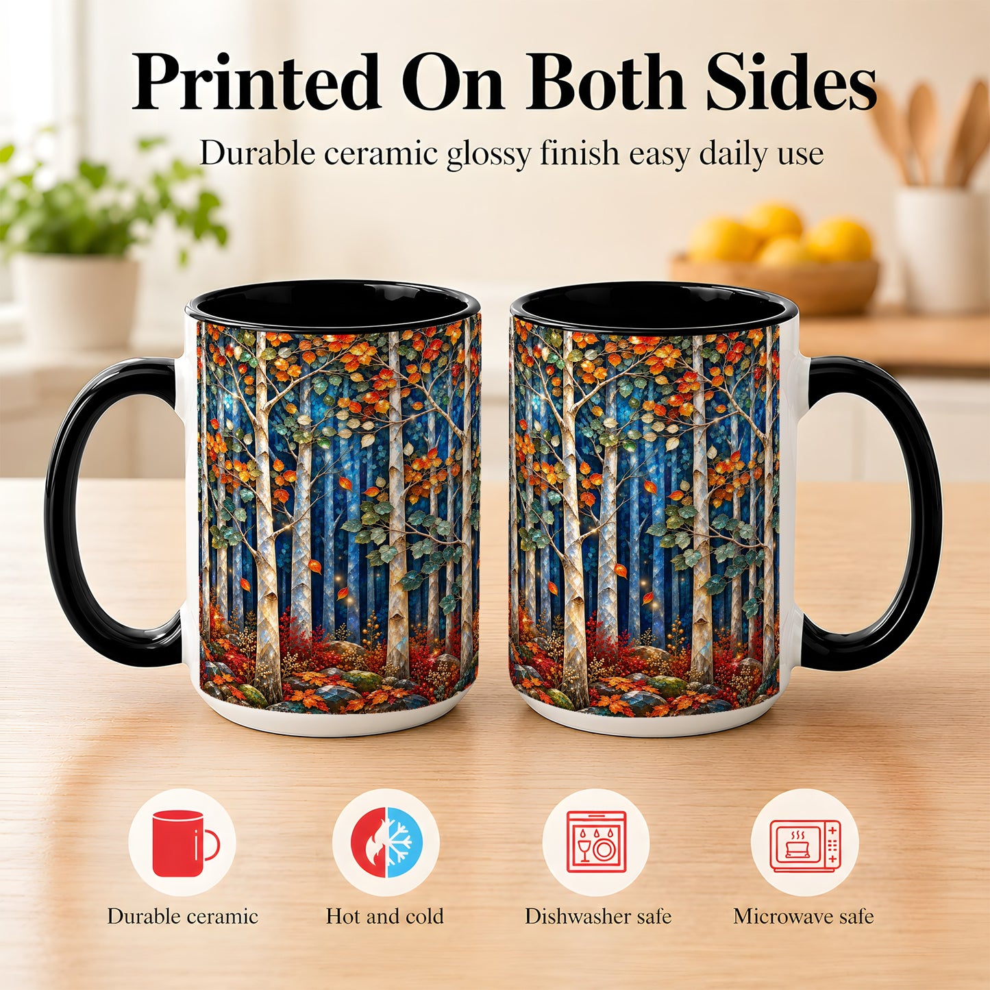#pl[15oz|Black] Luminous Birch Forest Coffee Mug, Autumn Mosaic Mug, Ceramic Cup
