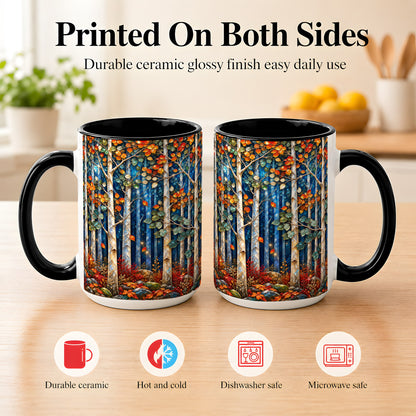 #pl[15oz|Black] Luminous Birch Forest Coffee Mug, Autumn Mosaic Mug, Ceramic Cup
