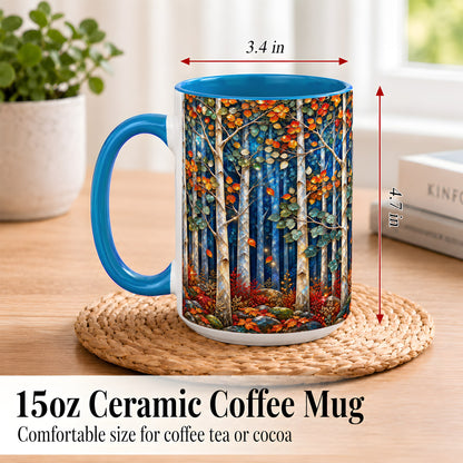 #pl[15oz|Blue] Luminous Birch Forest Coffee Mug, Autumn Mosaic Mug, Ceramic Cup
