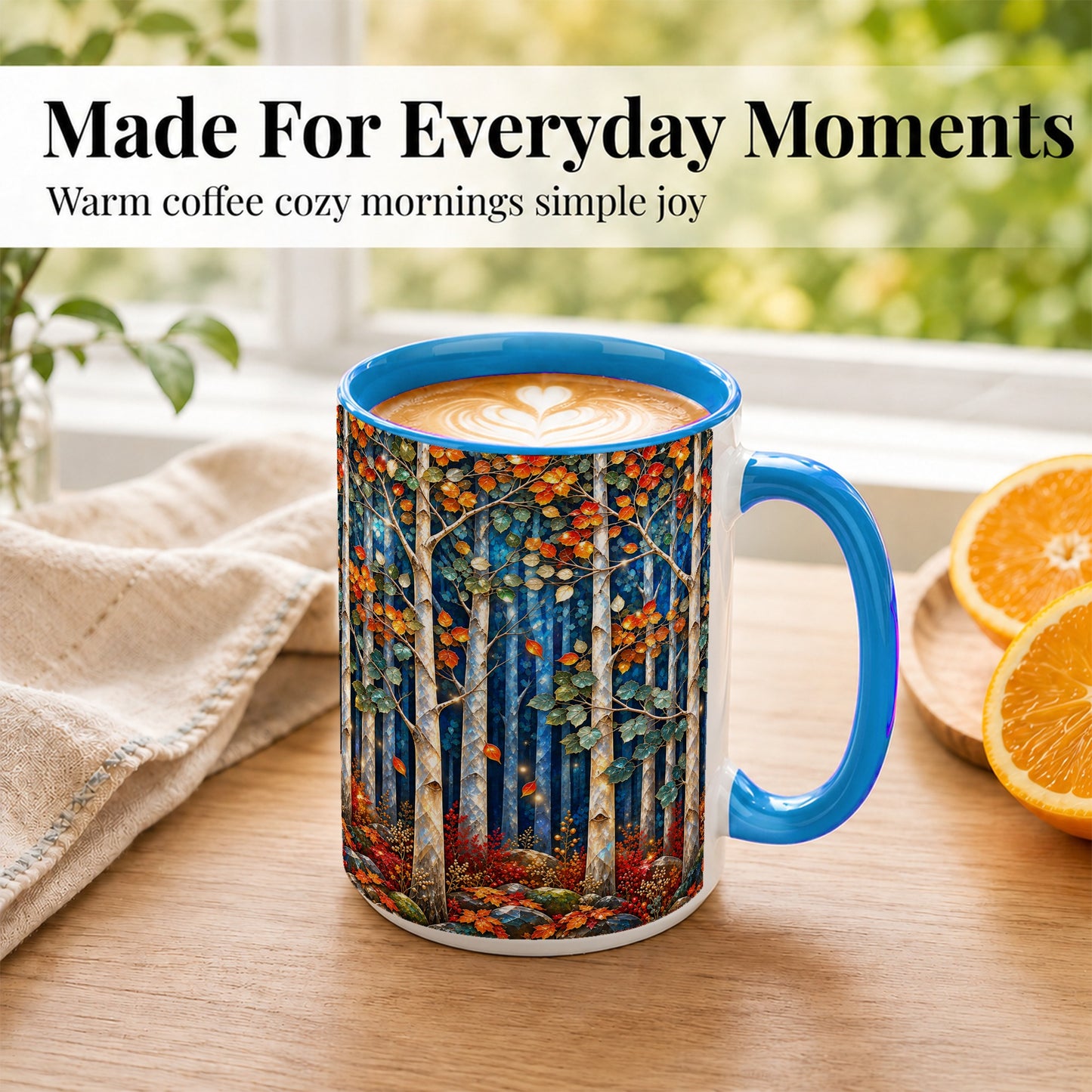 #pl[15oz|Blue] Luminous Birch Forest Coffee Mug, Autumn Mosaic Mug, Ceramic Cup