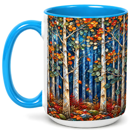 #pl[15oz|Blue] Luminous Birch Forest Coffee Mug, Autumn Mosaic Mug, Ceramic Cup